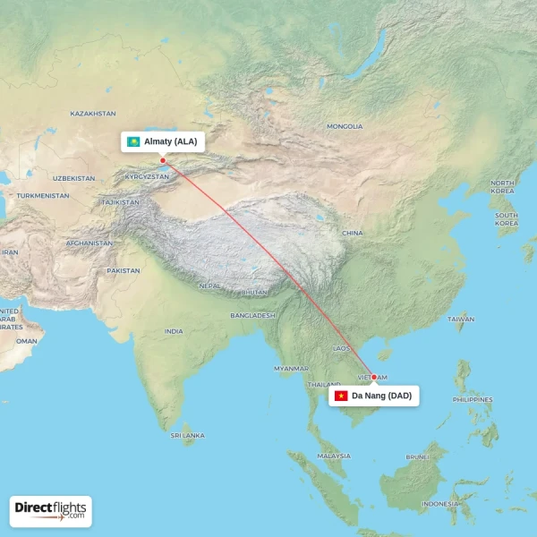 Da Nang - Almaty direct flight map