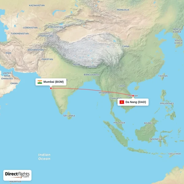 Da Nang - Mumbai direct flight map
