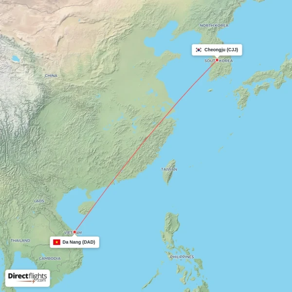 Da Nang - Cheongju direct flight map