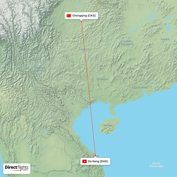 Da Nang - Chongqing direct flight map