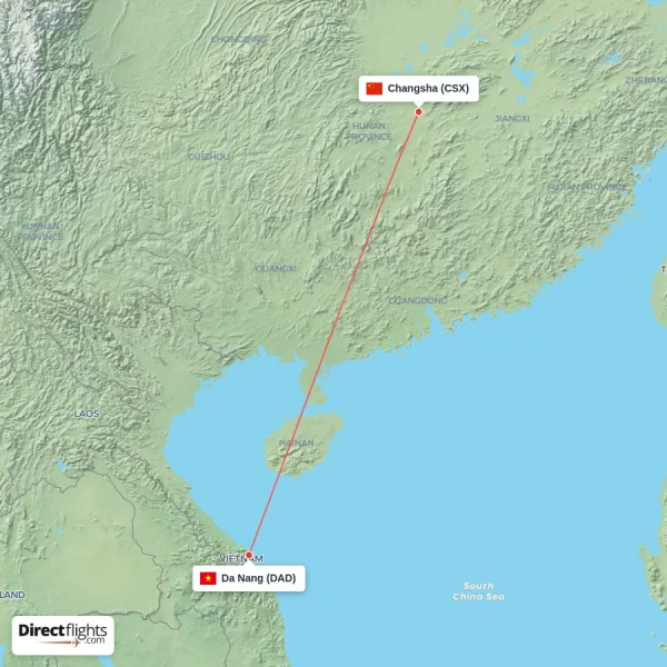 Da Nang - Changsha direct flight map