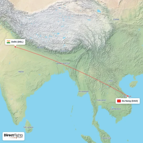 Da Nang - Delhi direct flight map
