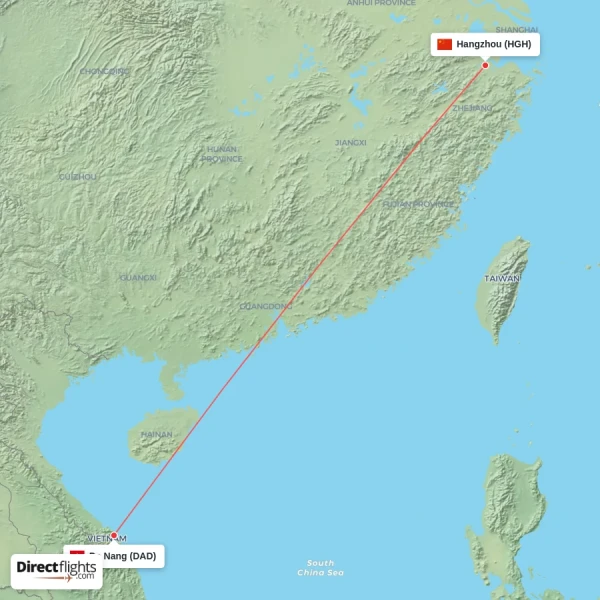 Da Nang - Hangzhou direct flight map