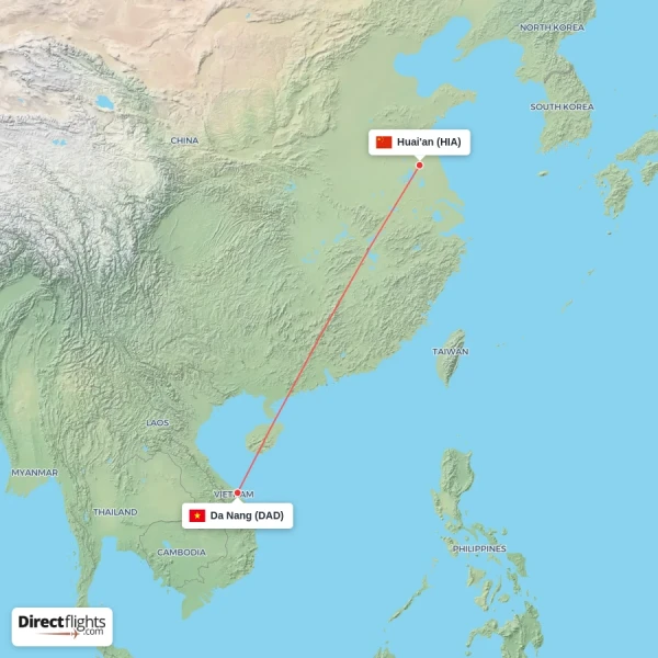 Da Nang - Huai'an direct flight map
