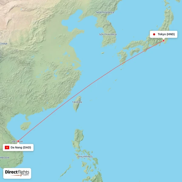 Da Nang - Tokyo direct flight map