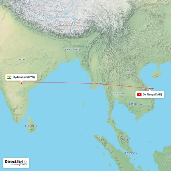 Da Nang - Hyderabad direct flight map