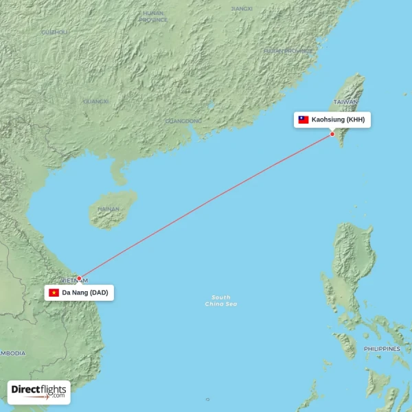 Da Nang - Kaohsiung direct flight map