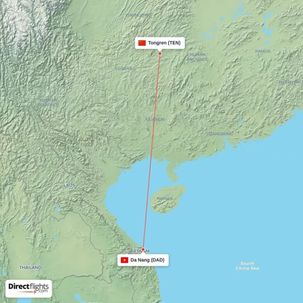 Da Nang - Tongren direct flight map