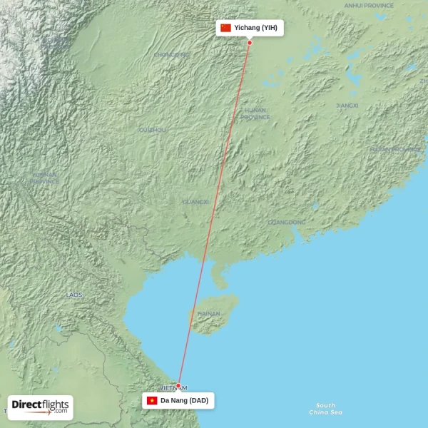 Da Nang - Yichang direct flight map