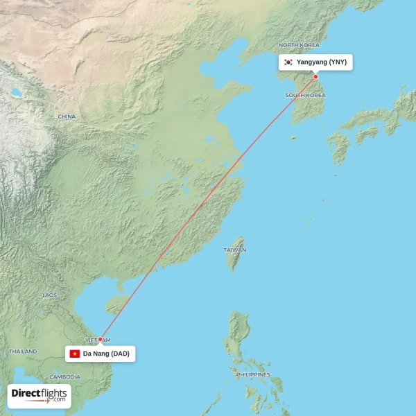 Da Nang - Yangyang direct flight map