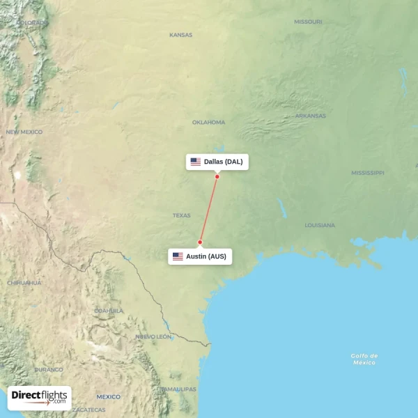 Dallas - Austin direct flight map
