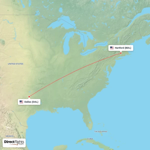 Dallas - Hartford direct flight map