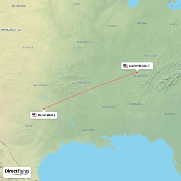 Dallas - Nashville direct flight map