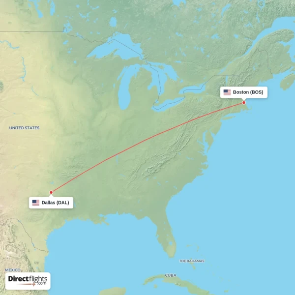 Dallas - Boston direct flight map