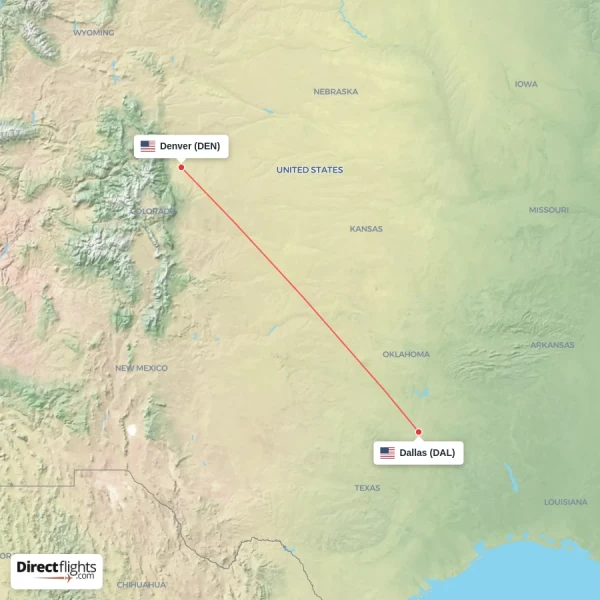Dallas - Denver direct flight map