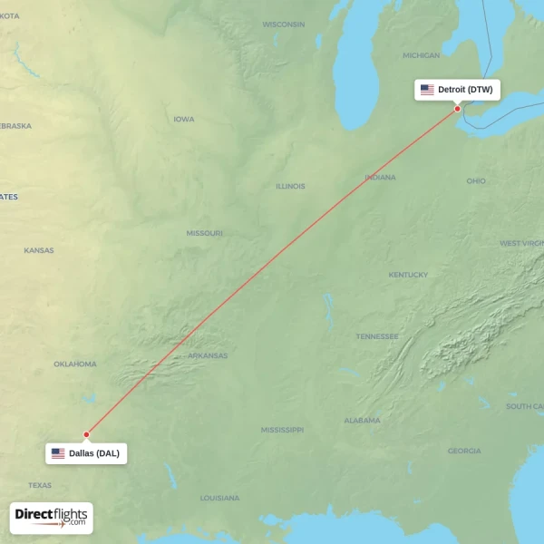 Dallas - Detroit direct flight map