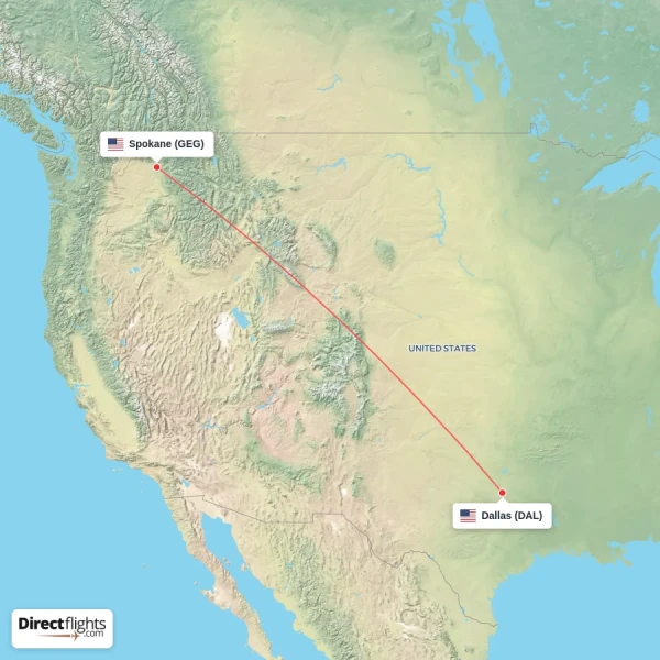 Dallas - Spokane direct flight map
