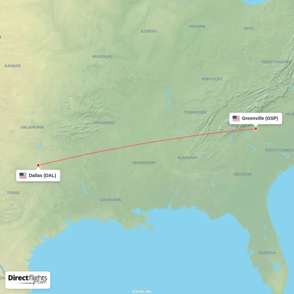 Dallas - Greenville direct flight map