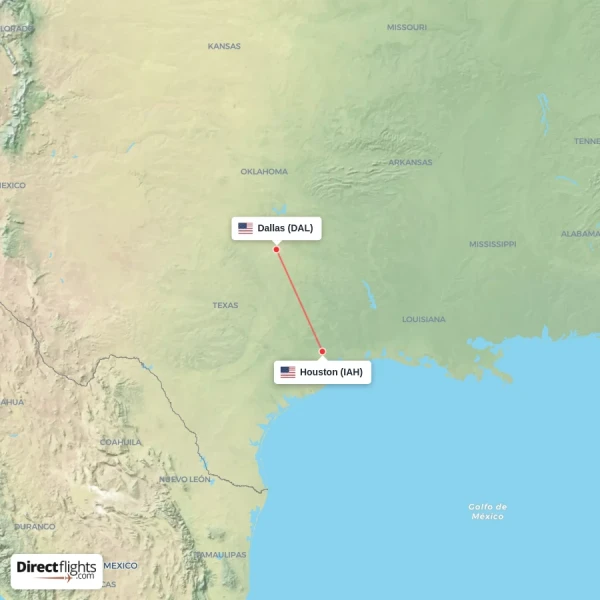Dallas - Houston direct flight map