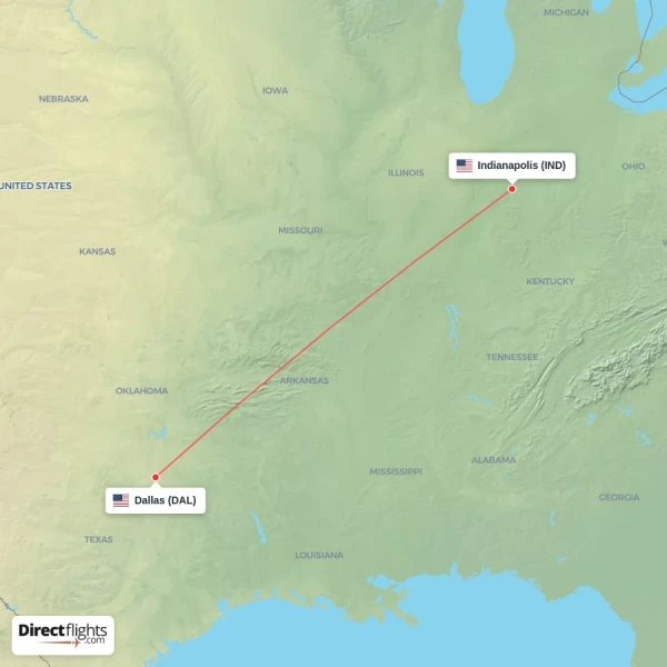 Dallas - Indianapolis direct flight map