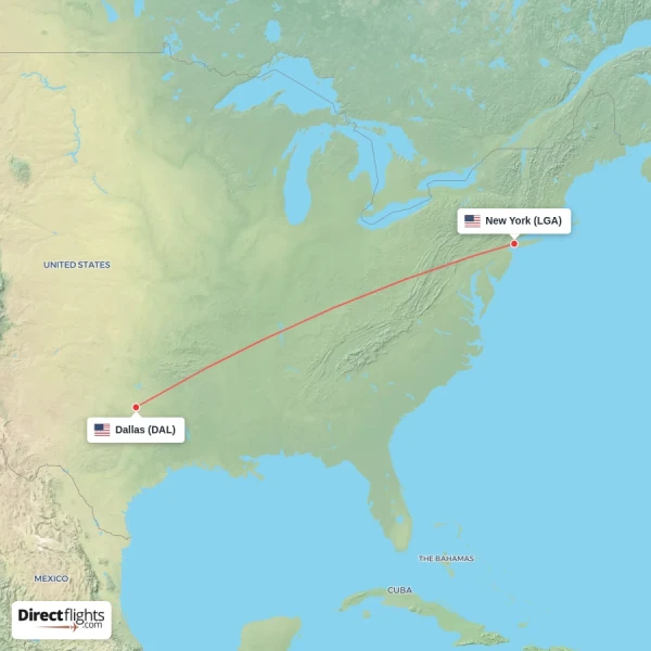 Dallas - New York direct flight map