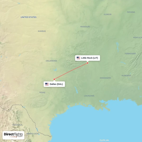 Dallas - Little Rock direct flight map