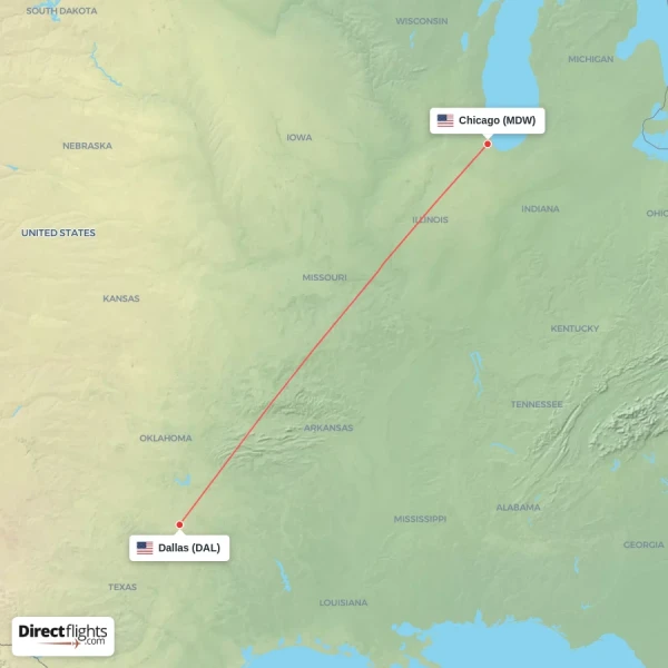 Dallas - Chicago direct flight map