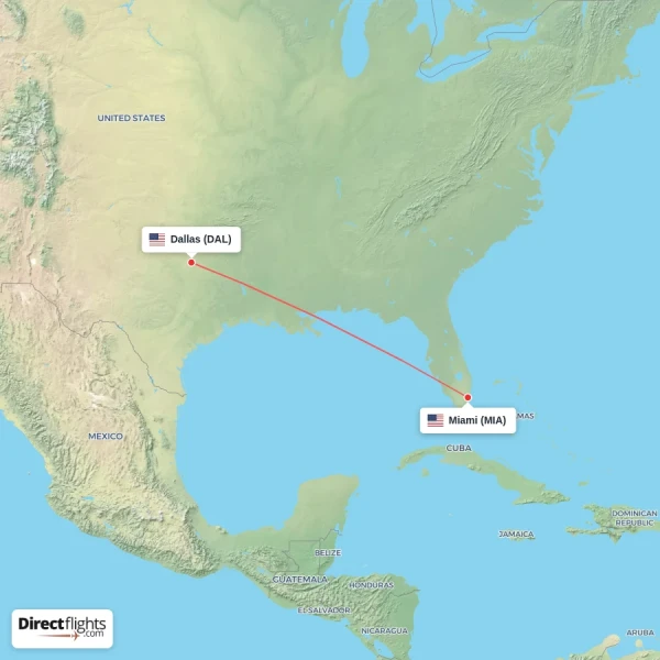 Dallas - Miami direct flight map
