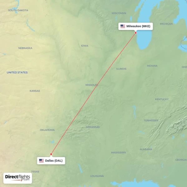 Dallas - Milwaukee direct flight map