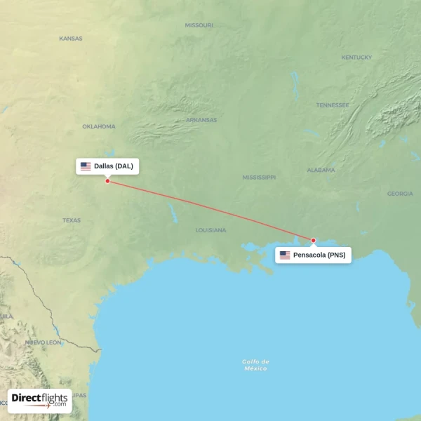 Dallas - Pensacola direct flight map