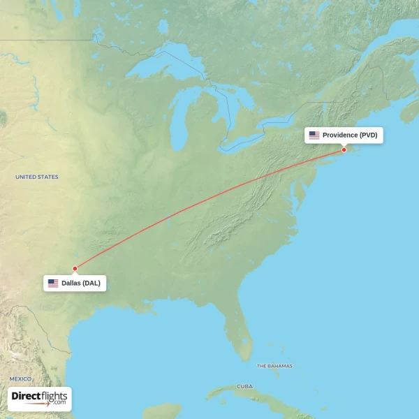 Dallas - Providence direct flight map