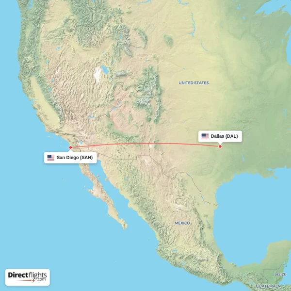 Dallas - San Diego direct flight map