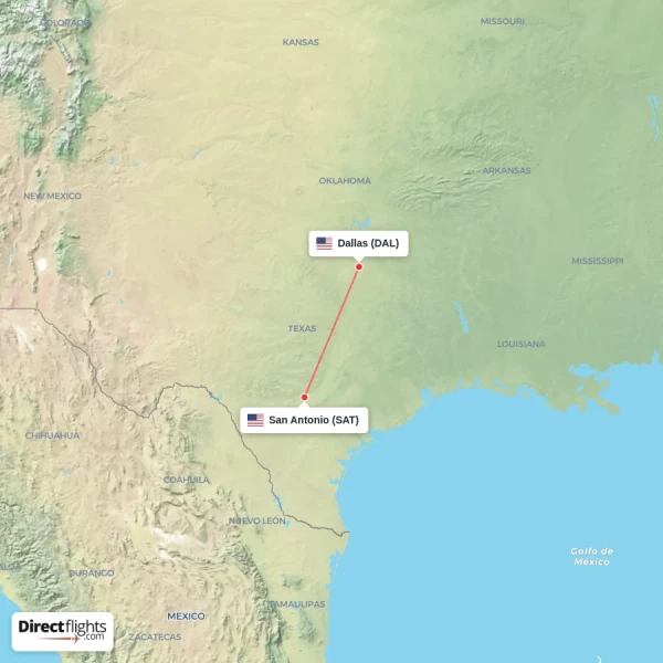 Dallas - San Antonio direct flight map