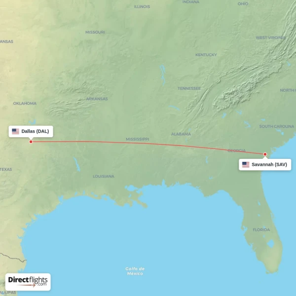 Dallas - Savannah direct flight map