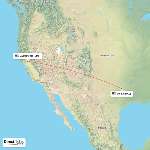 Dallas - Sacramento direct flight map