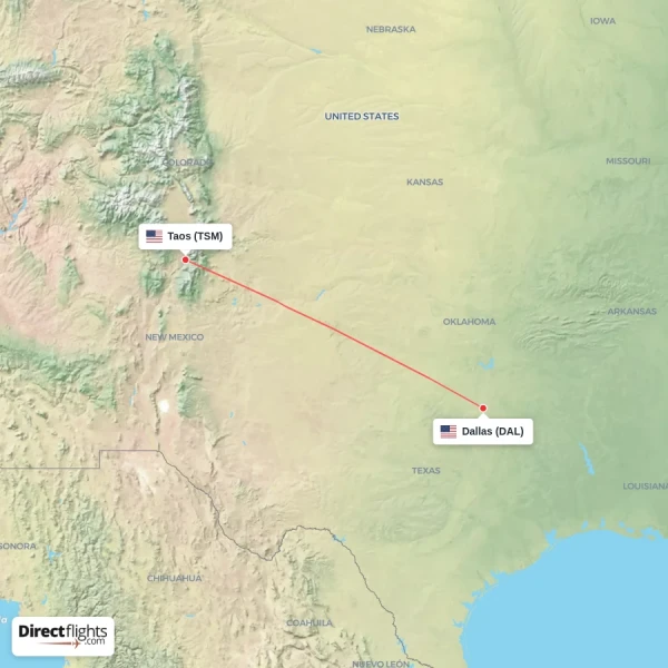 Dallas - Taos direct flight map