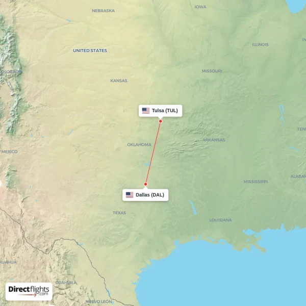 Dallas - Tulsa direct flight map