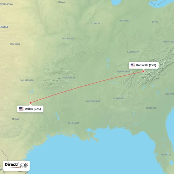 Dallas - Knoxville direct flight map