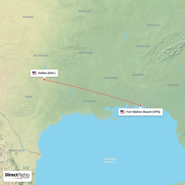 Dallas - Fort Walton Beach direct flight map