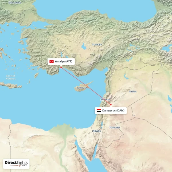 Damascus - Antalya direct flight map