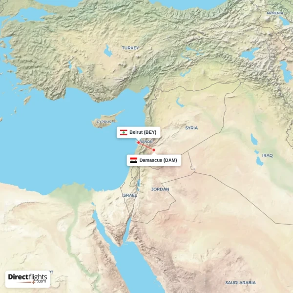Damascus - Beirut direct flight map