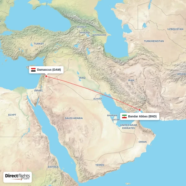 Damascus - Bandar Abbas direct flight map