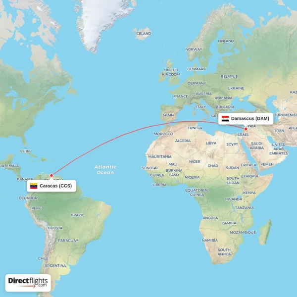 Damascus - Caracas direct flight map