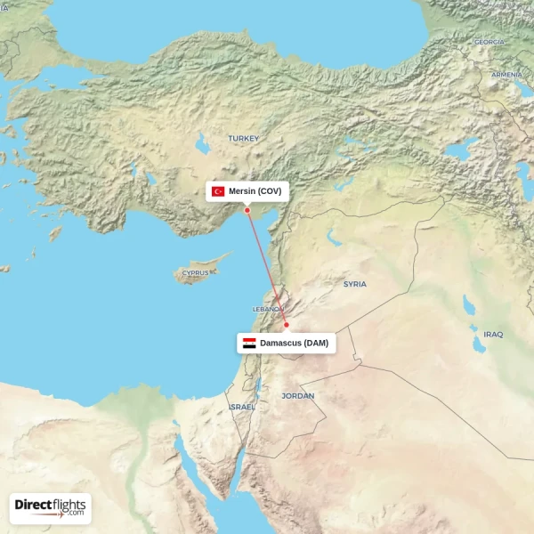 Damascus - Mersin direct flight map