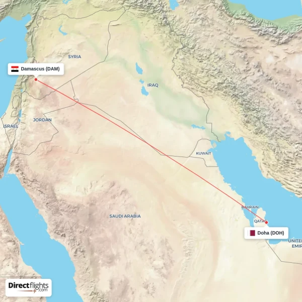 Damascus - Doha direct flight map