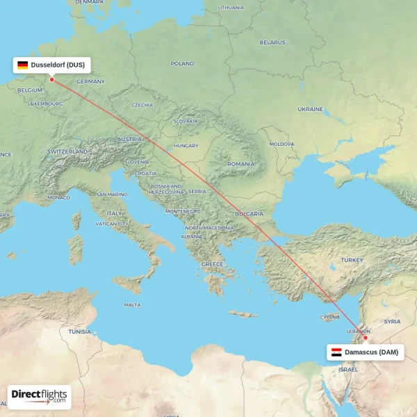 Damascus - Dusseldorf direct flight map