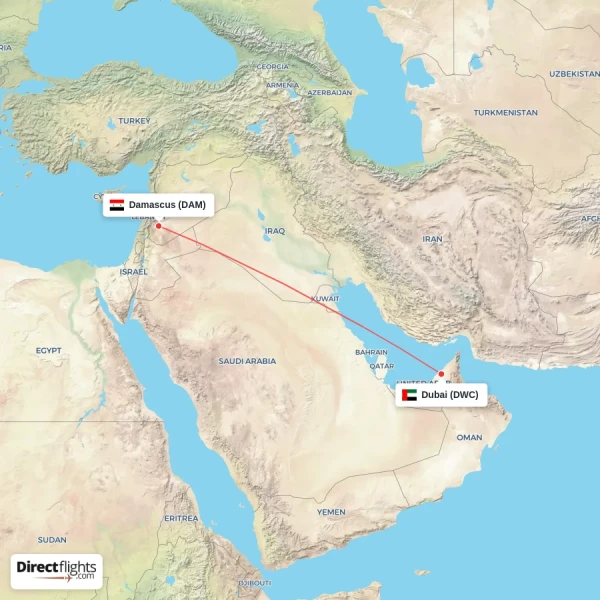 Damascus - Dubai direct flight map