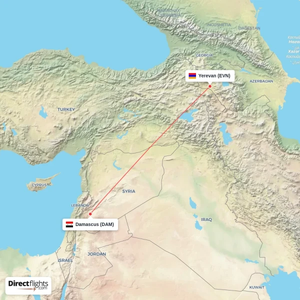Damascus - Yerevan direct flight map