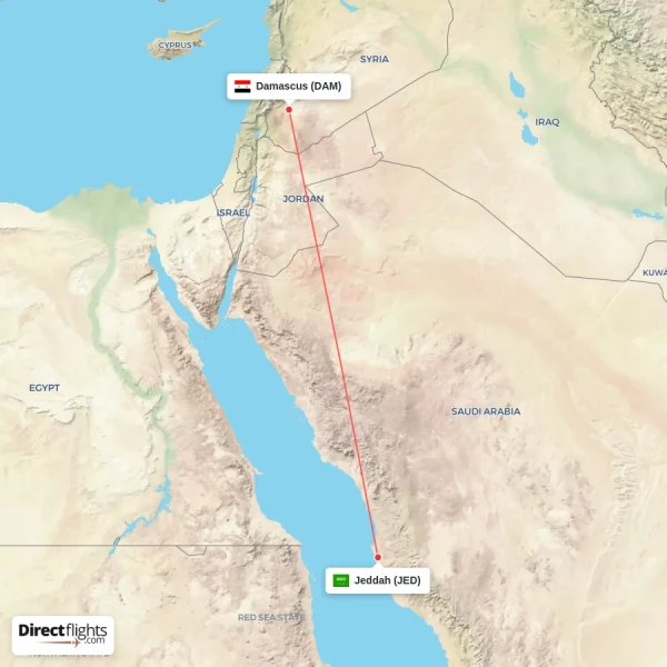 Damascus - Jeddah direct flight map