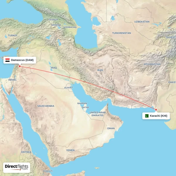 Damascus - Karachi direct flight map